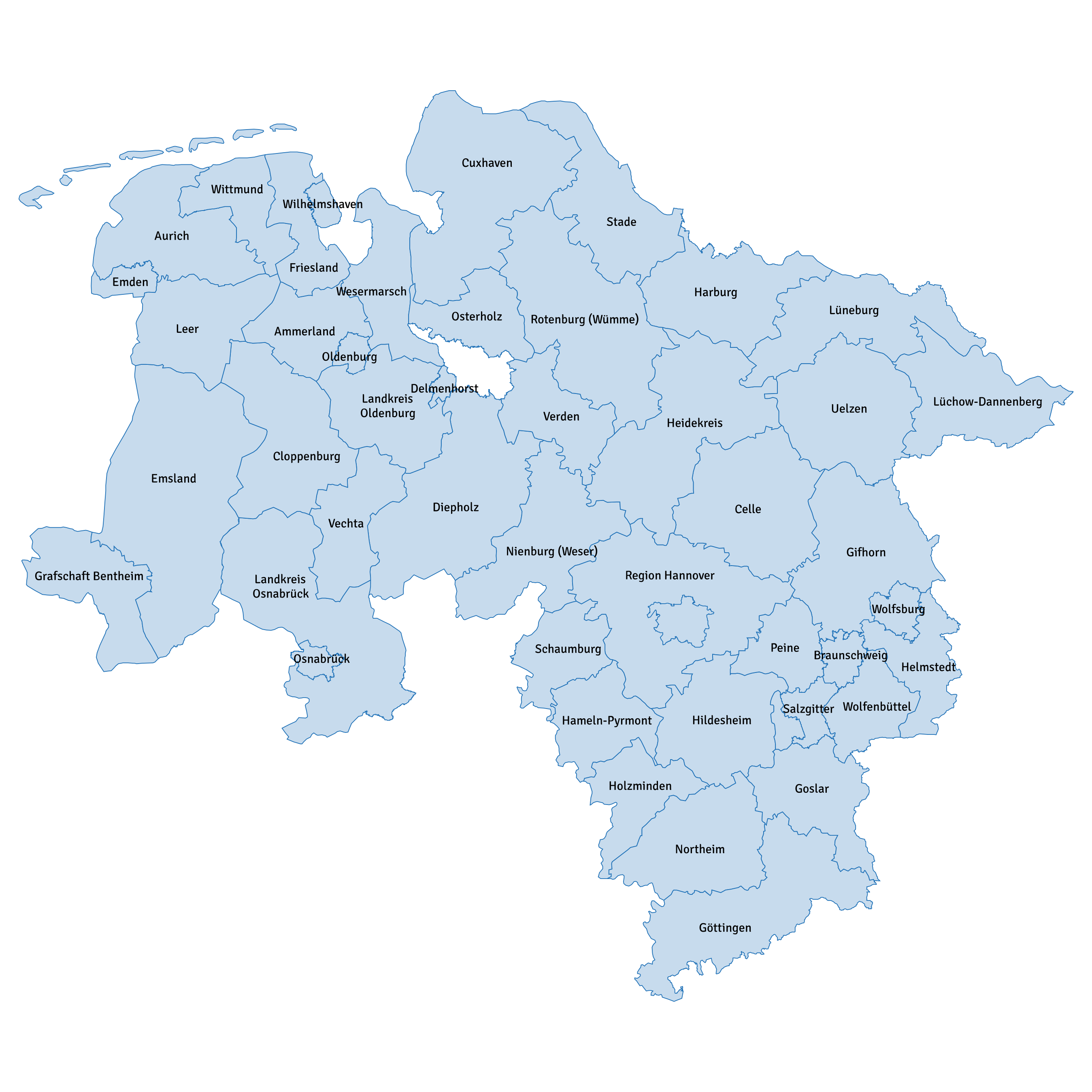 Geographische Darstellung der Landkreise und kreisfreien St&auml;dtei in Niedersachsen. LNVG-Gebiet enthalten aber nicht n&auml;her gekennzeichnet.