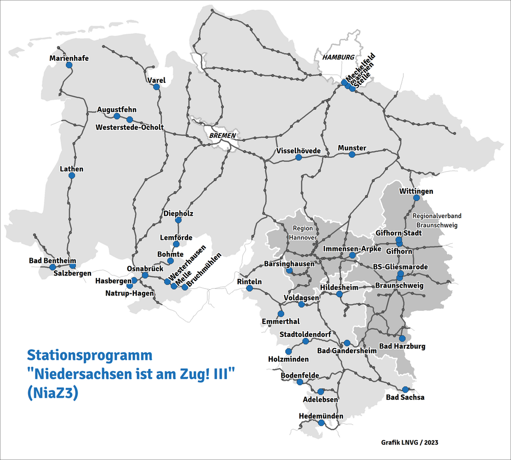 Karte zur Verdeutlichung des Stationsprogramms "Neidersachsen ist am Zug!III"